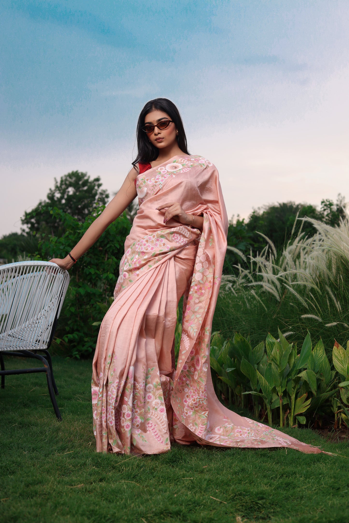 Hand-Painted Mulberry Silk Saree in Blush Pink