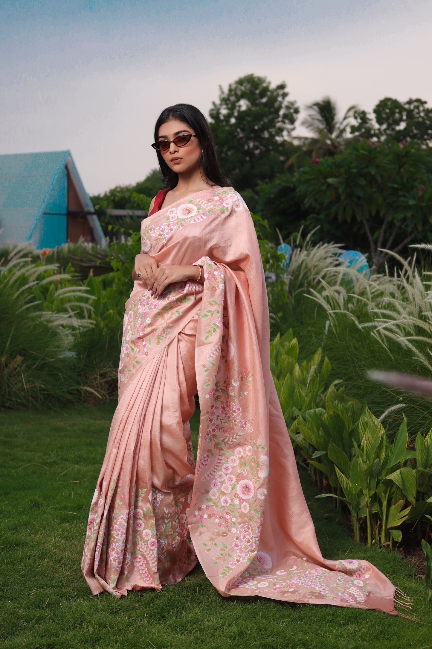 Hand-Painted Mulberry Silk Saree in Blush Pink