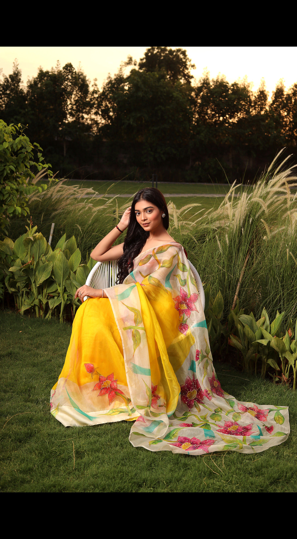 Hand-Painted Floral Pure Silk Saree with Embroidered Details