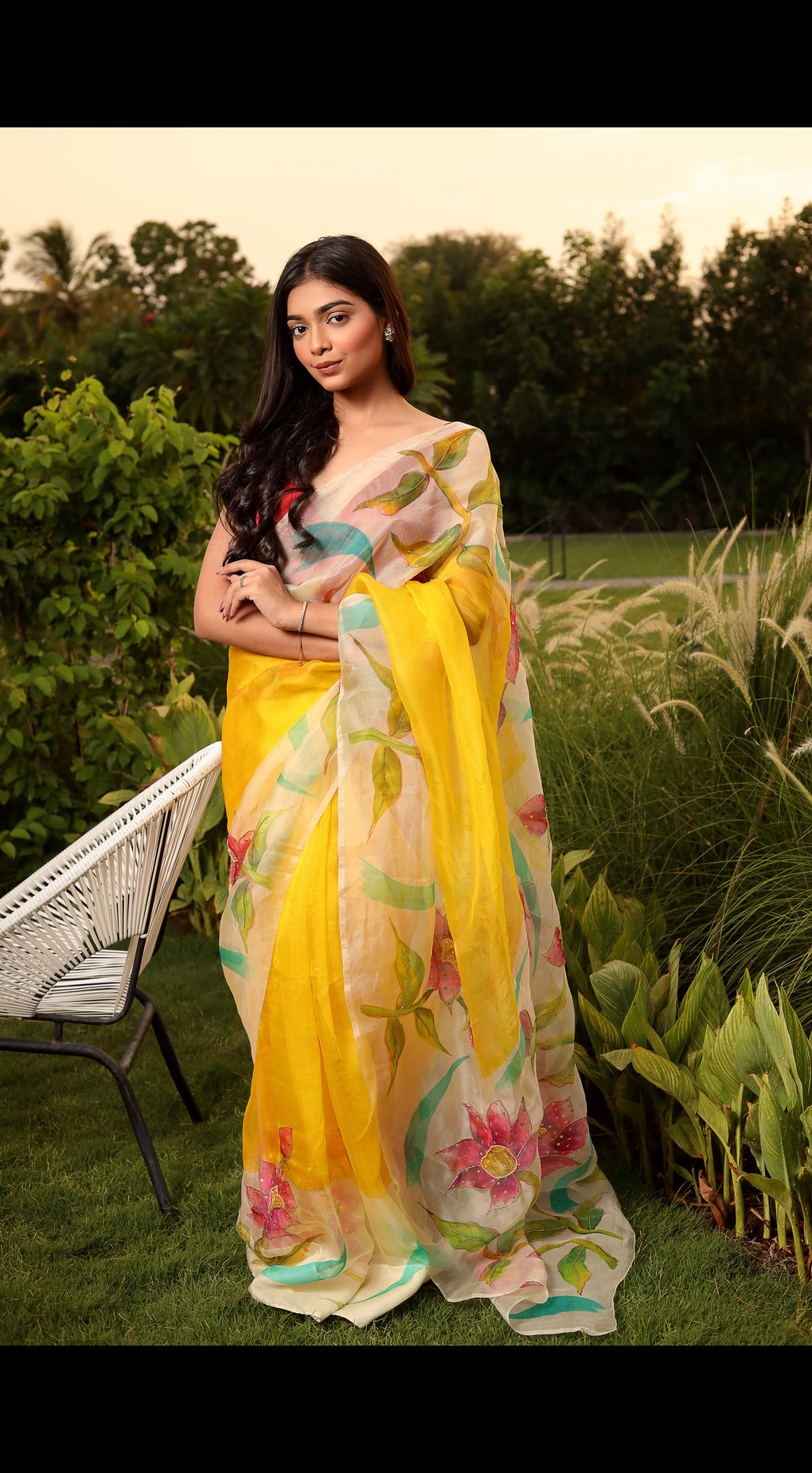 Hand-Painted Floral Pure Silk Saree with Embroidered Details