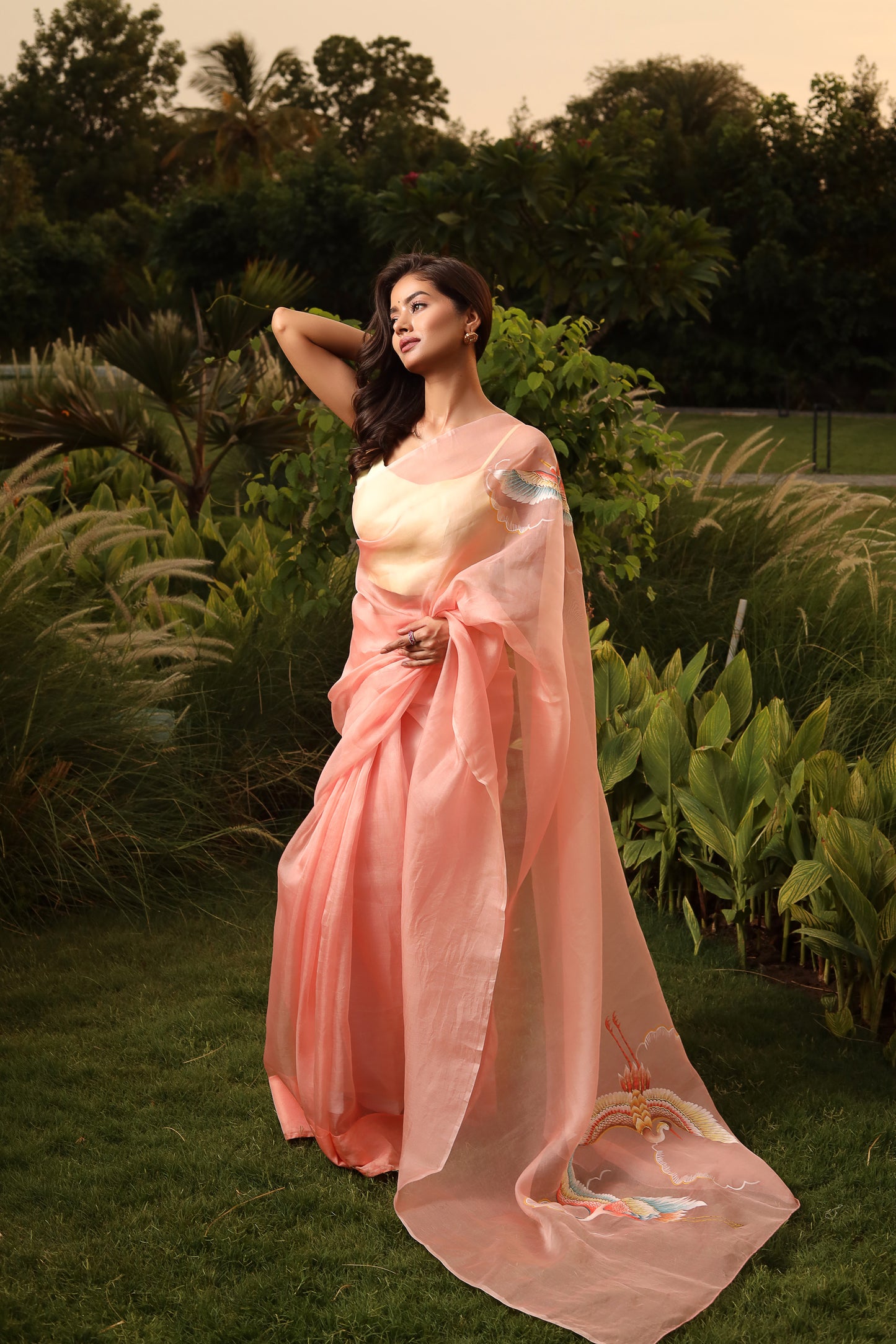 Hand-Painted Peach Silk Organza Saree with Hand-Embroidered Design