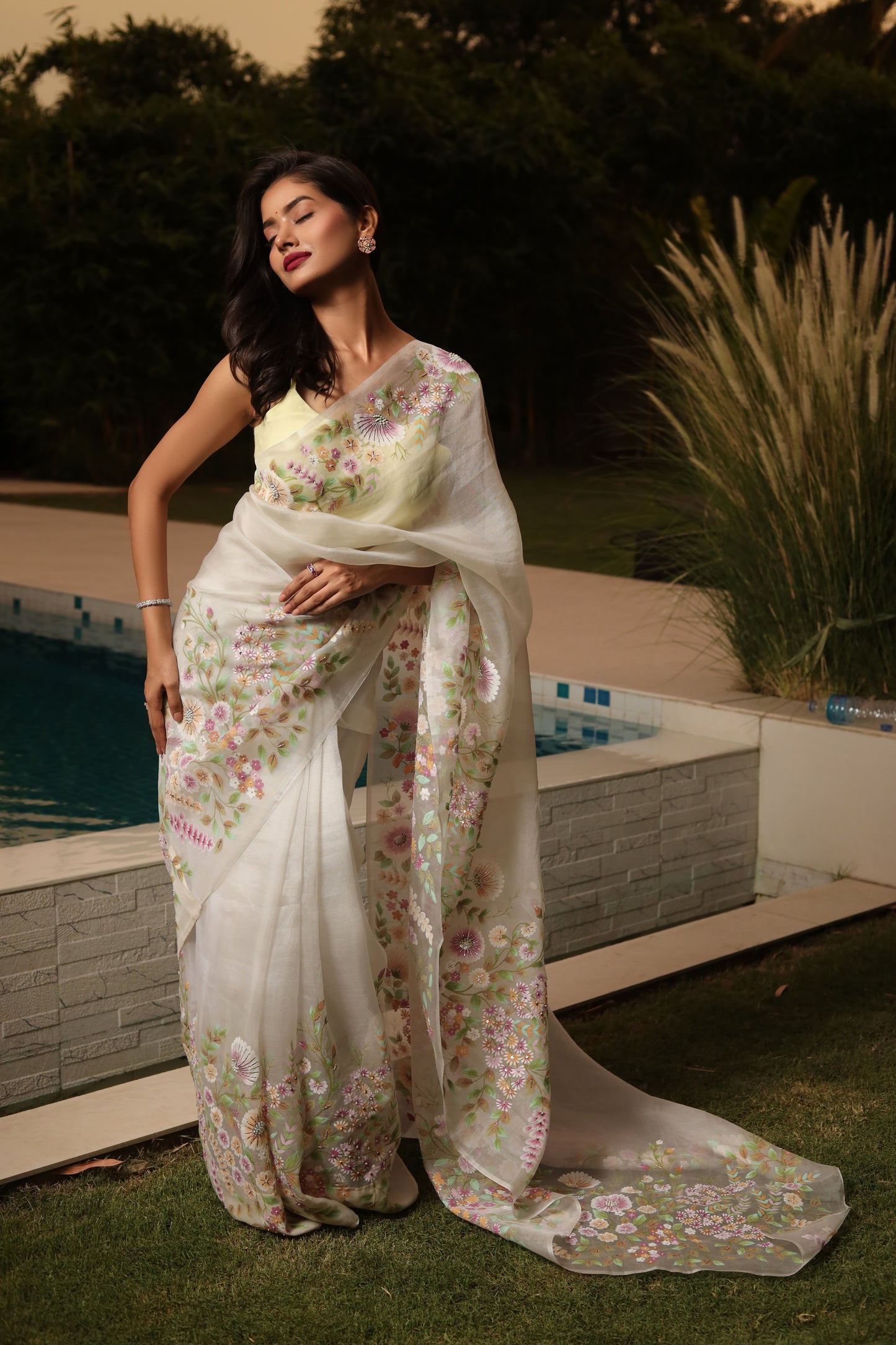 Hand-Painted Egg Grey Malbari Silk Organza Saree with Pitan Work & Running Blouse Piece