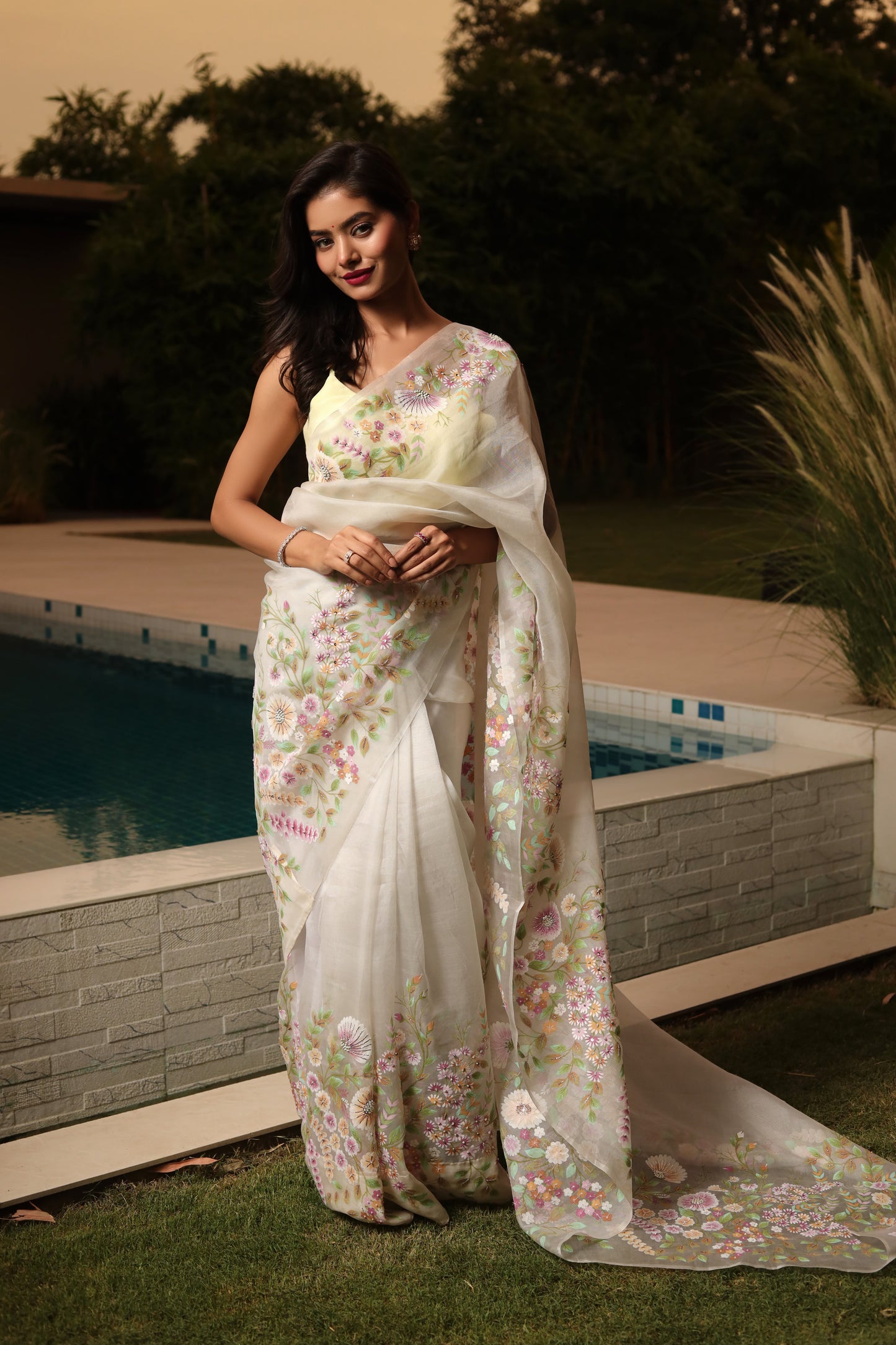 Hand-Painted Egg Grey Malbari Silk Organza Saree with Pitan Work & Running Blouse Piece