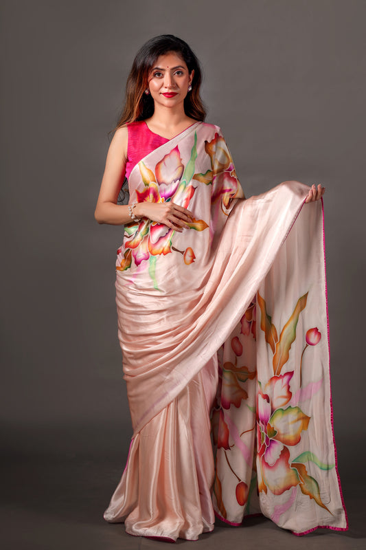 Baby Pink Malbari Silk Satin Saree