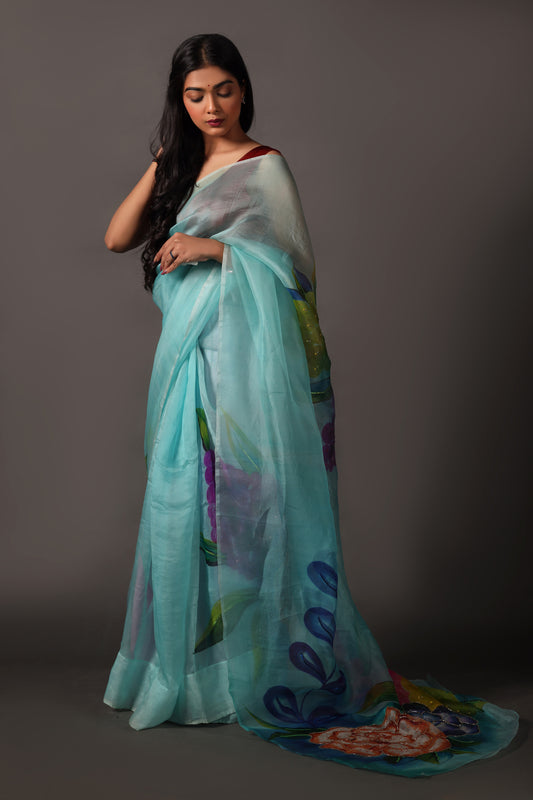 Turquoise Blue Organza Saree & Blouse