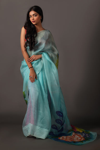 Turquoise Blue Organza Saree & Blouse