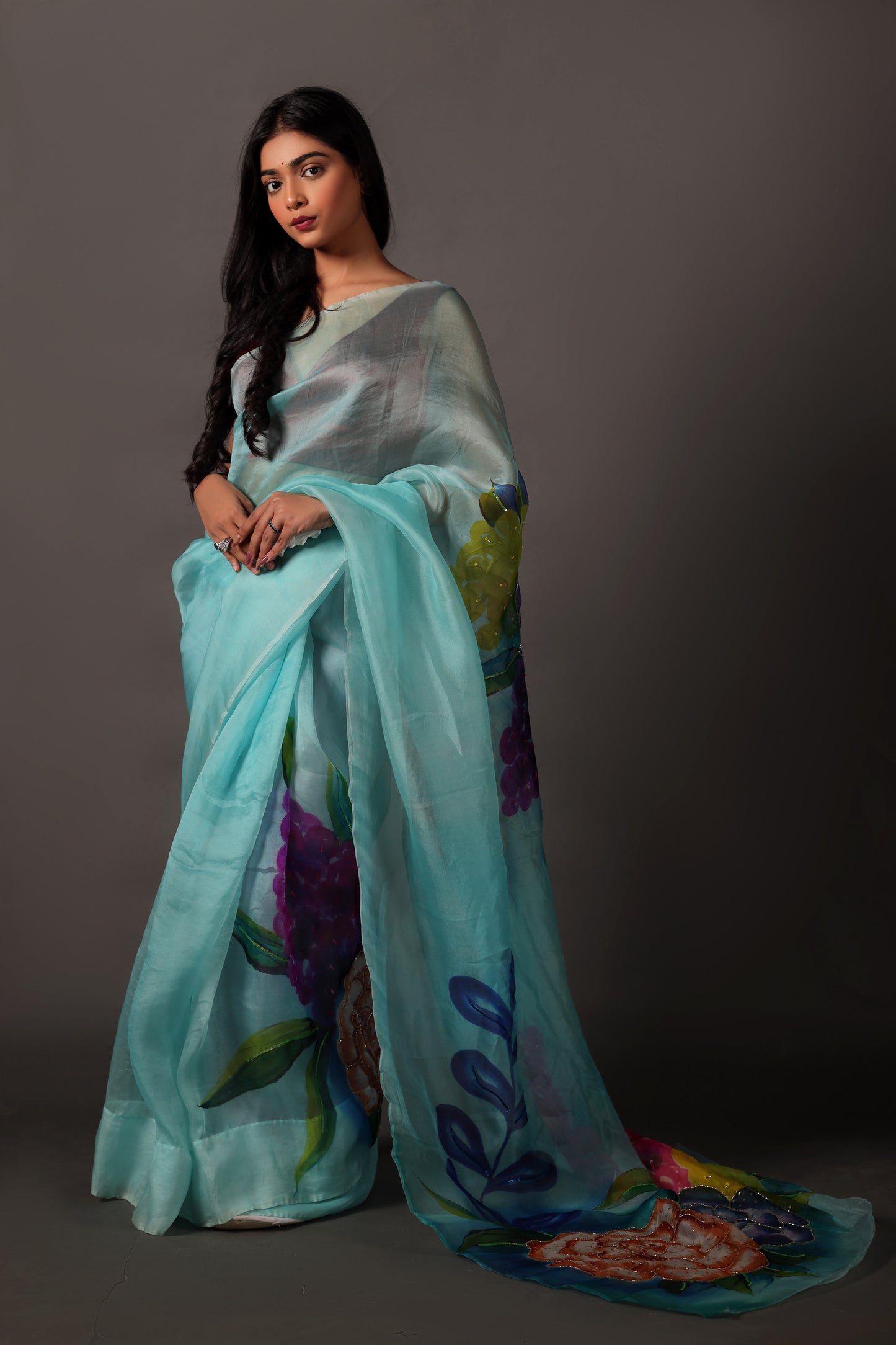 Turquoise Blue Organza Saree & Blouse