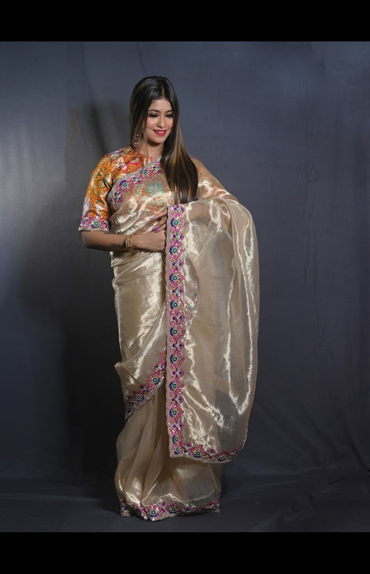 Banarasi Silk Tissue Saree with Hand-Embroidered Borders