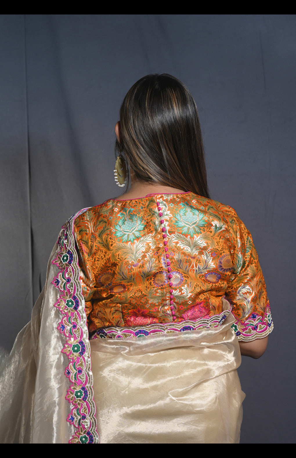 Banarasi Silk Tissue Saree with Hand-Embroidered Borders