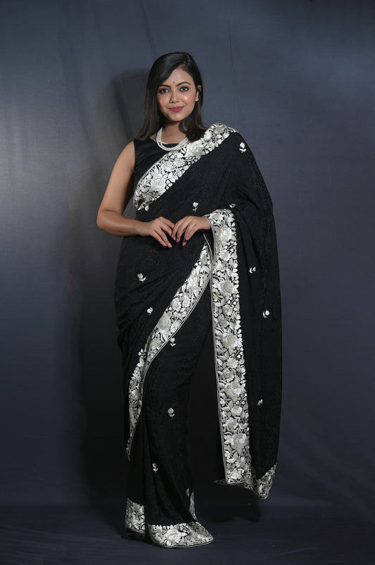 Hand-Embroidered Parsi Gara Silk Georgette Saree