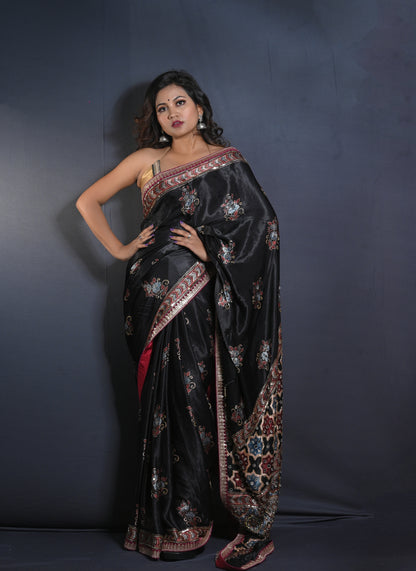 Hand Block Printed Ajrakh Saree with Hand Embroidery