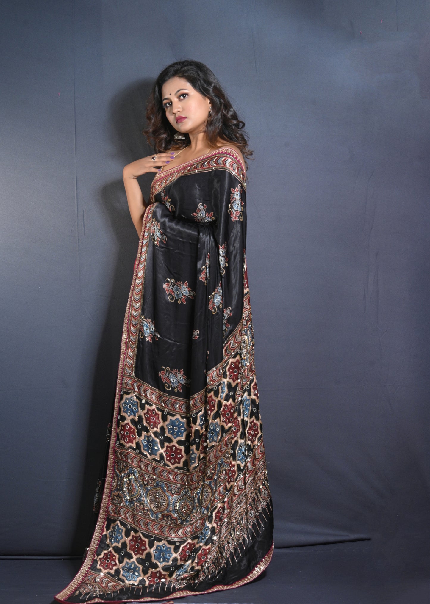 Hand Block Printed Ajrakh Saree with Hand Embroidery