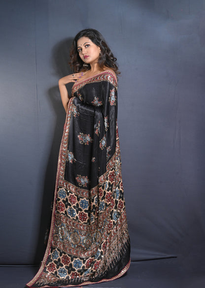 Hand Block Printed Ajrakh Saree with Hand Embroidery