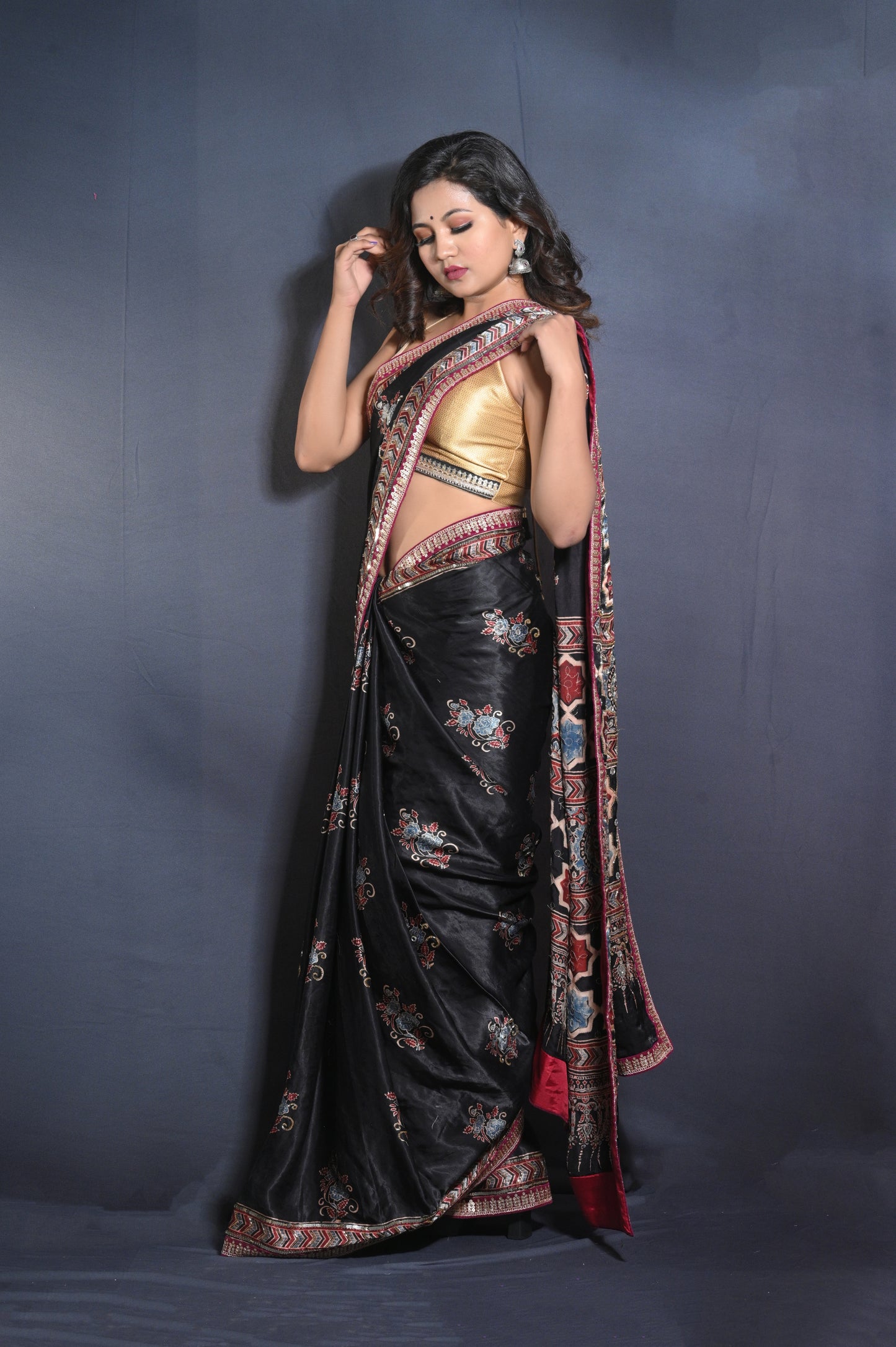 Hand Block Printed Ajrakh Saree with Hand Embroidery