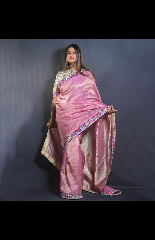 Banarasi Silk Tissue Saree with Hand-Embroidered Borders and Kimkhaab Blouse