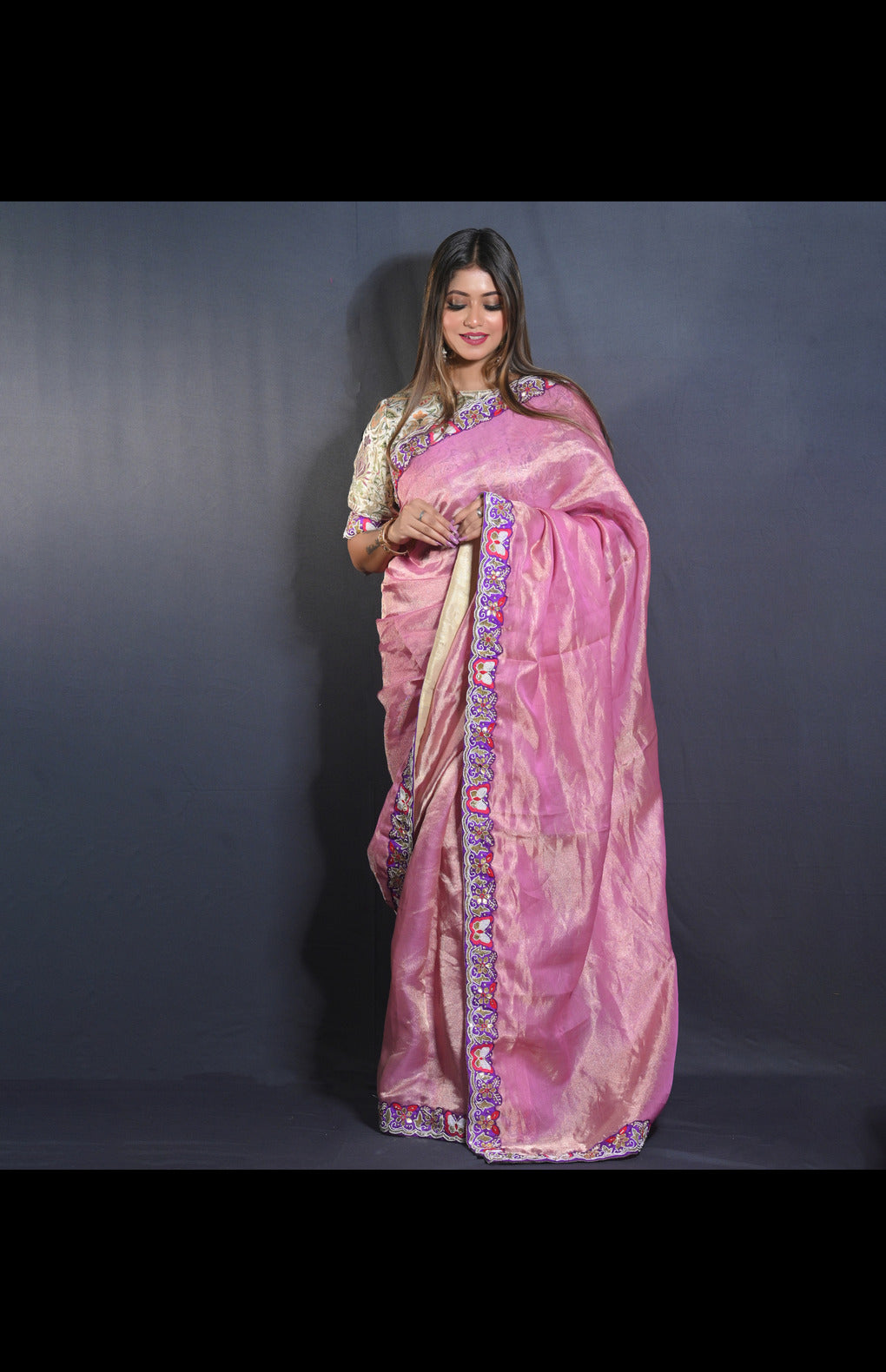 Banarasi Silk Tissue Saree with Hand-Embroidered Borders and Kimkhaab Blouse