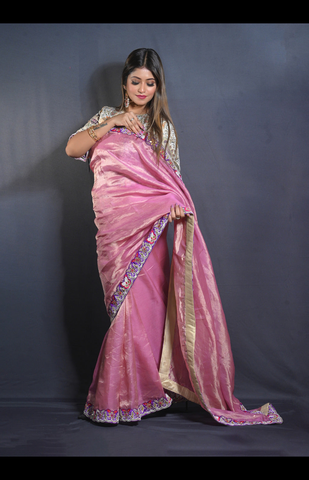 Banarasi Silk Tissue Saree with Hand-Embroidered Borders and Kimkhaab Blouse