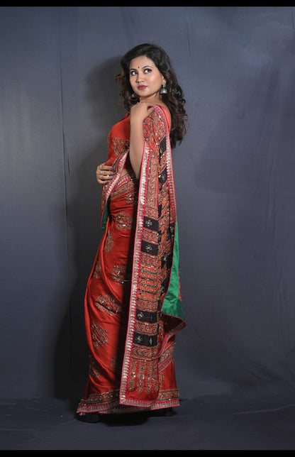 Hand Block Printed Ajrakh Saree with Embroidery