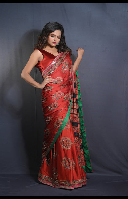 Hand Block Printed Ajrakh Saree with Embroidery