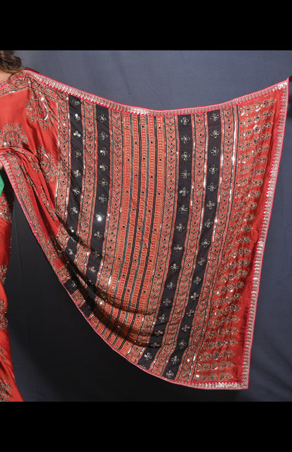 Hand Block Printed Ajrakh Saree with Embroidery