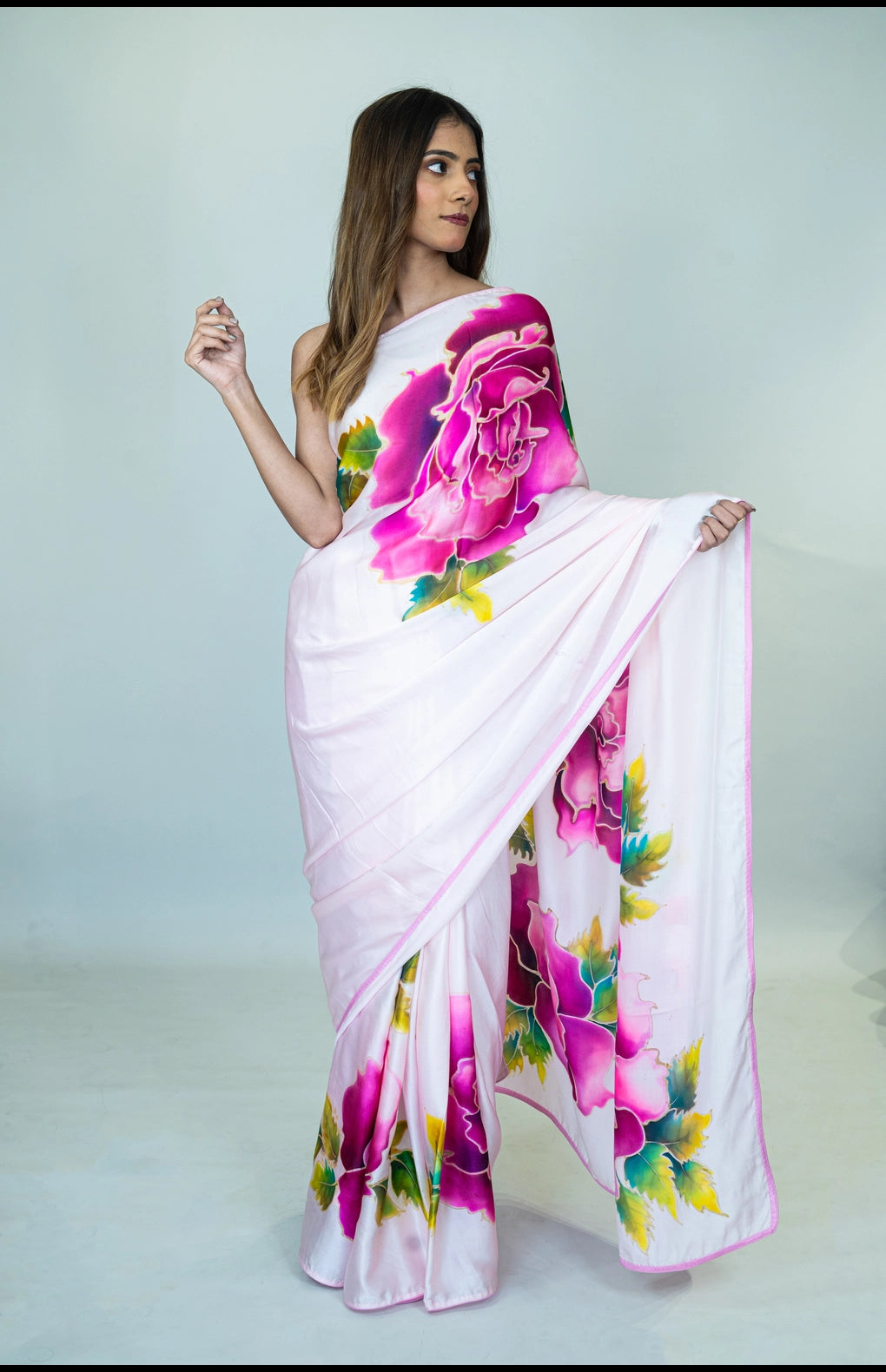 Hand-Painted Pure Silk Satin Saree with Floral Design