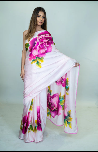 Hand-Painted Pure Silk Satin Saree with Floral Design