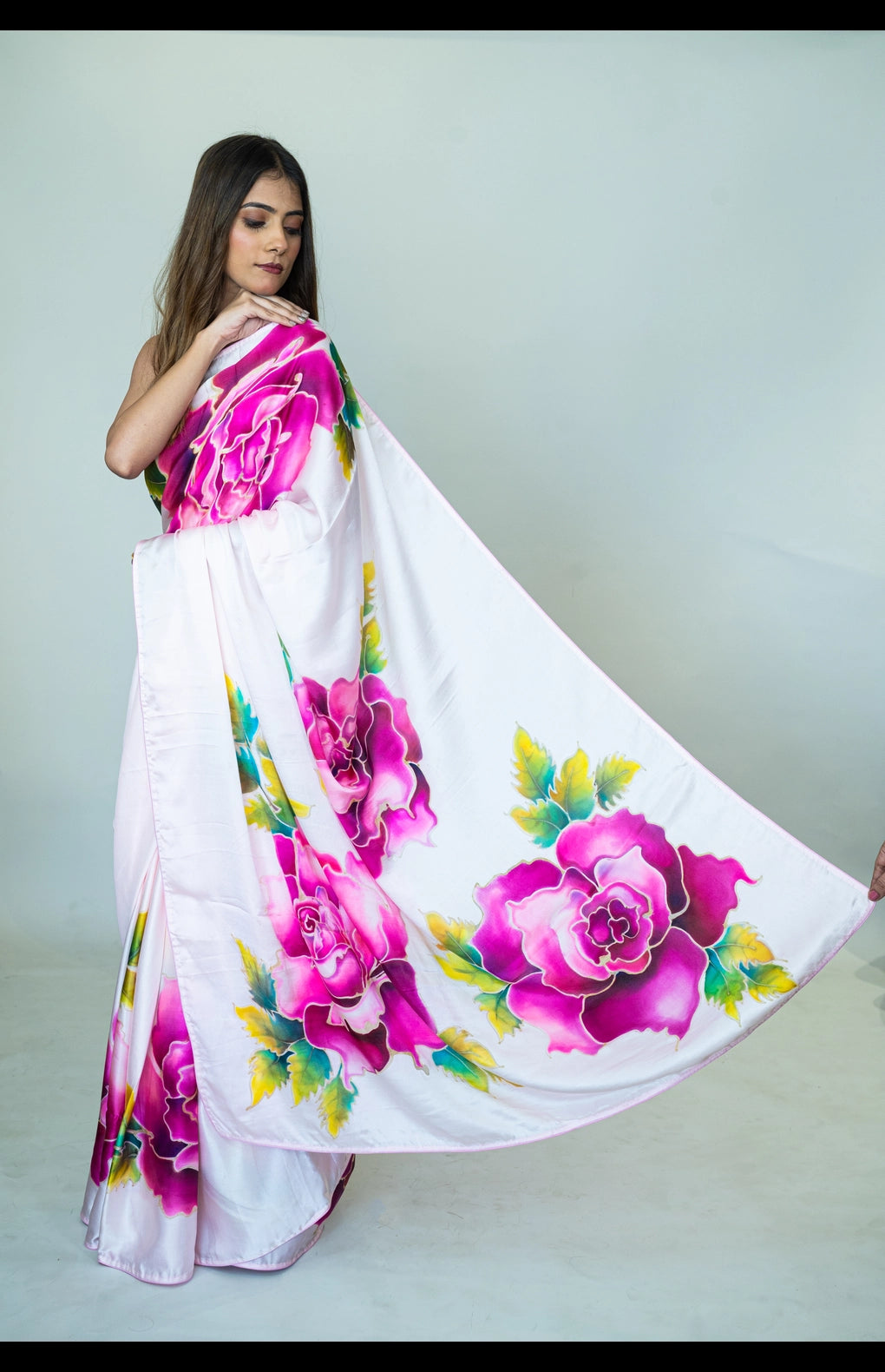 Hand-Painted Pure Silk Satin Saree with Floral Design