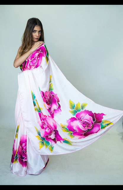 Hand-Painted Pure Silk Satin Saree with Floral Design