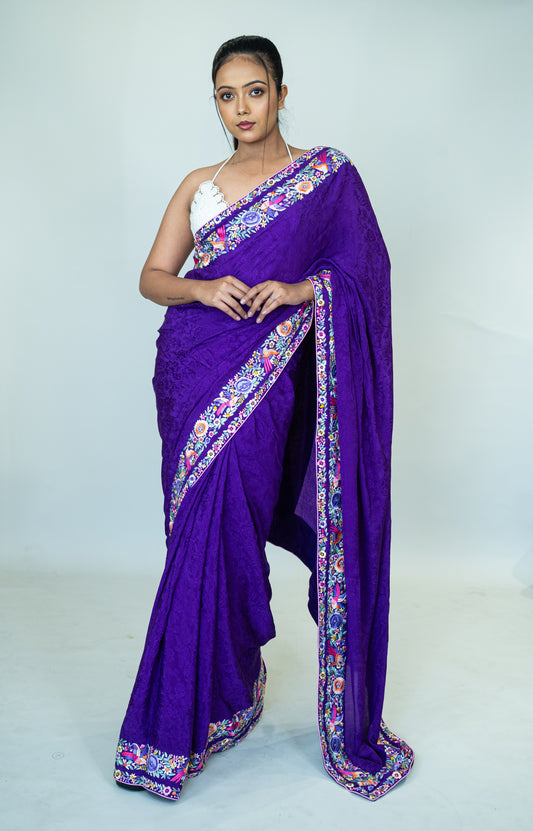 Hand Embroidered Parsi Gara on Pure Silk Crepe Jacquard Saree