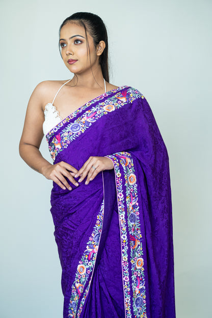 Hand Embroidered Parsi Gara on Pure Silk Crepe Jacquard Saree