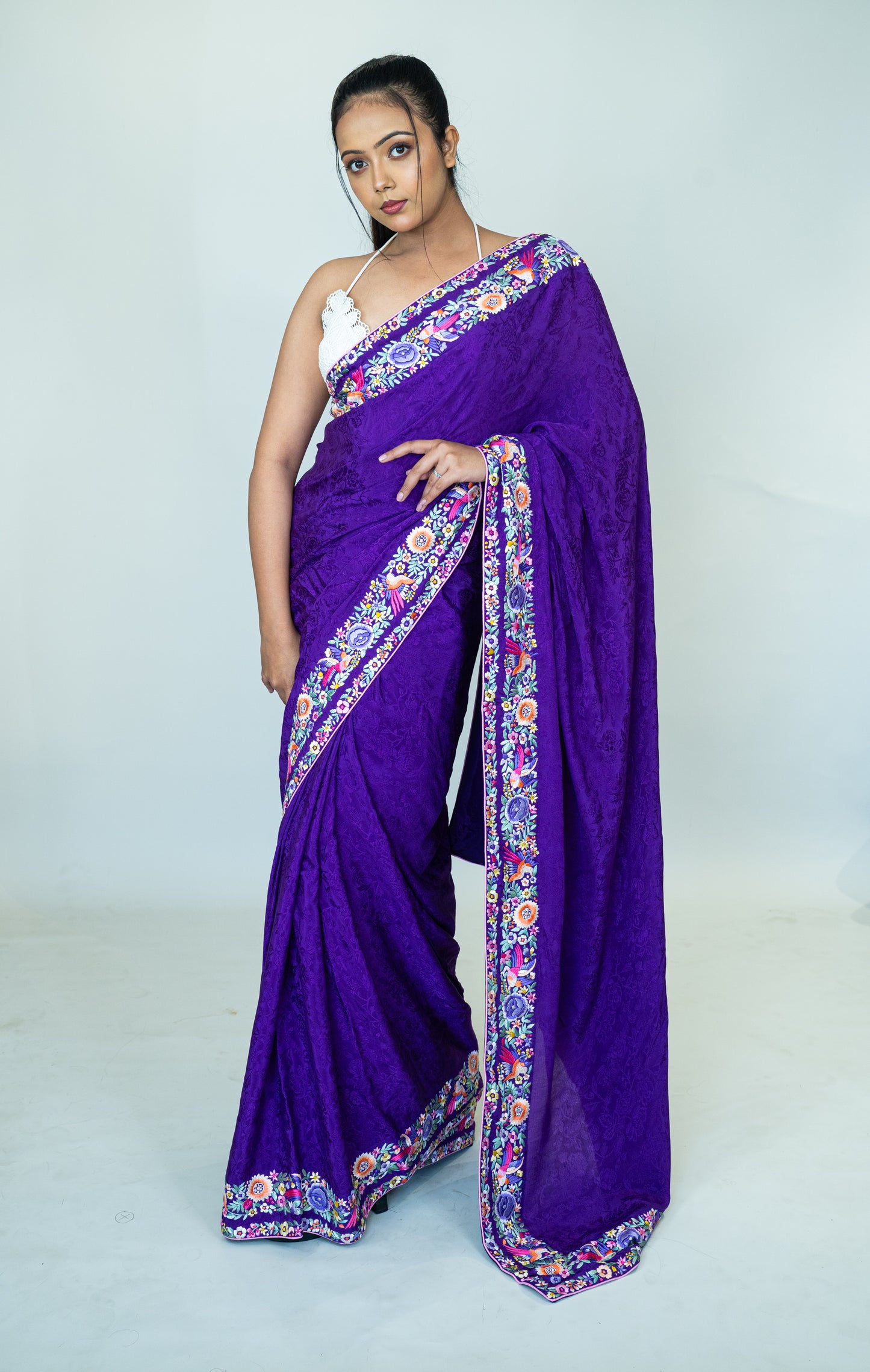 Hand Embroidered Parsi Gara on Pure Silk Crepe Jacquard Saree