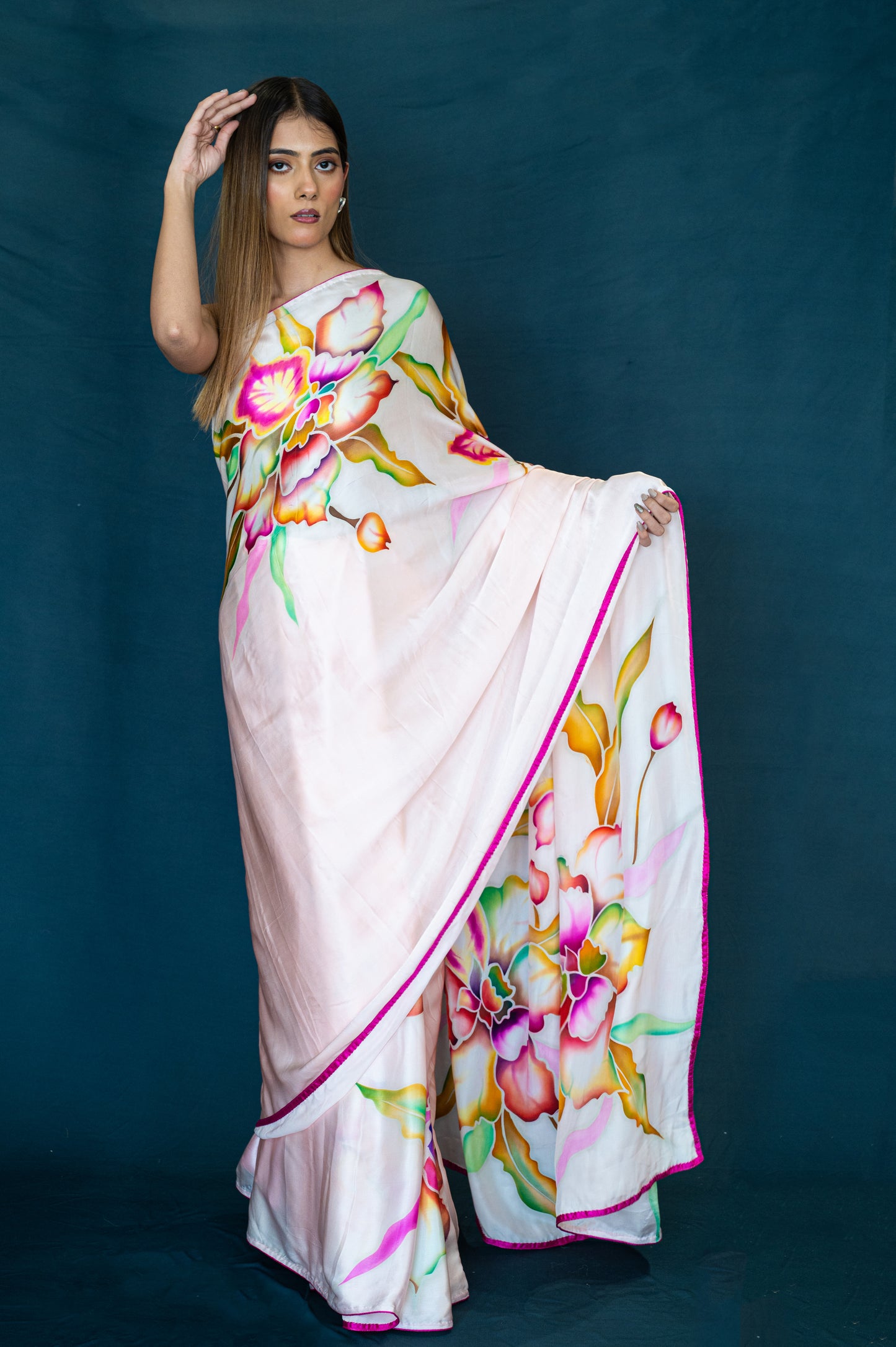 Hand-Painted Silk Satin Saree with French Silk Dyes