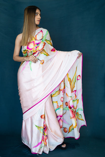 Hand-Painted Silk Satin Saree with French Silk Dyes