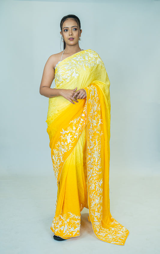 Hand-Embroidered Parsi Gara Saree in Pure Silk Crepe Jacquard