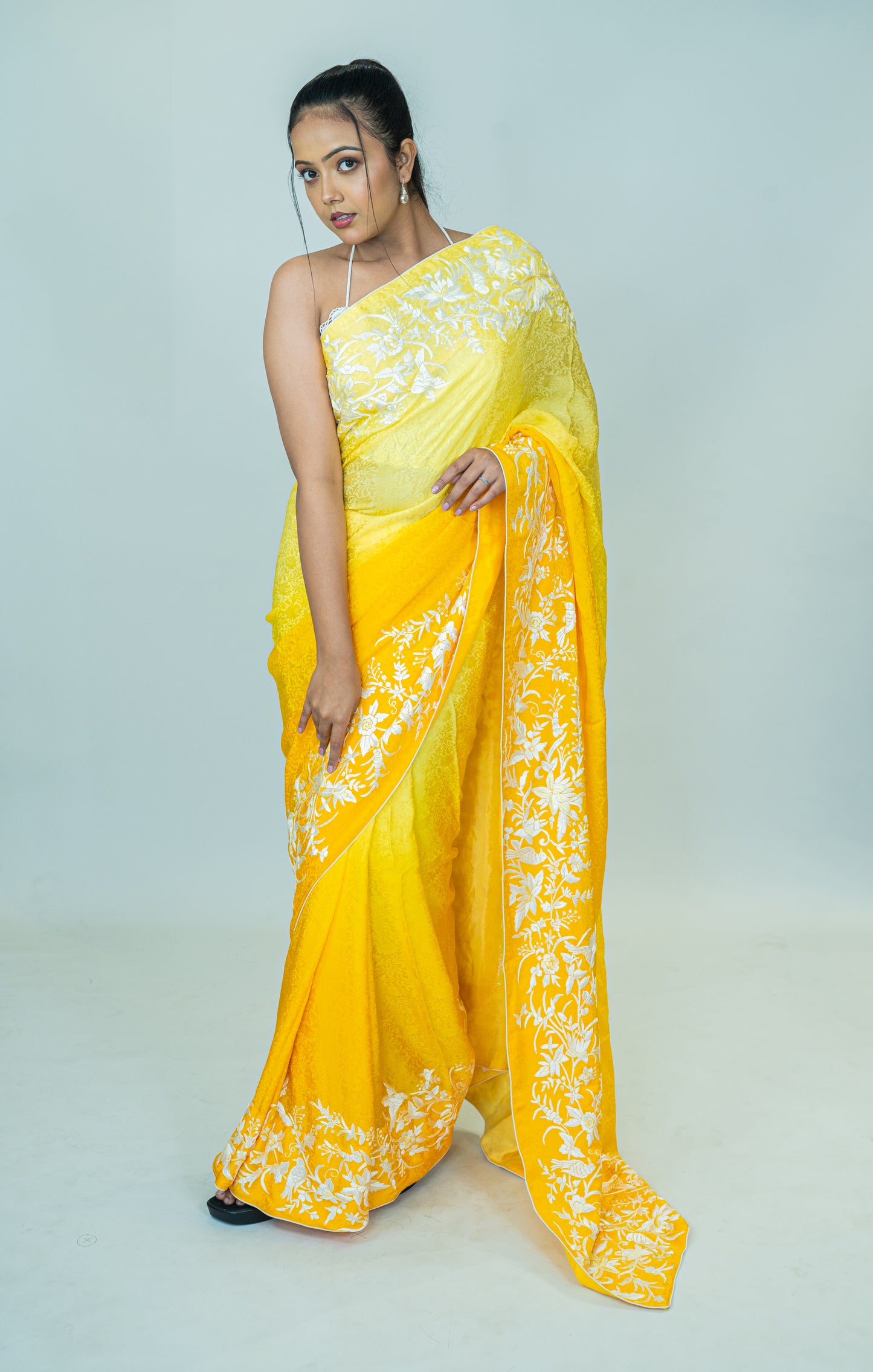 Hand-Embroidered Parsi Gara Saree in Pure Silk Crepe Jacquard