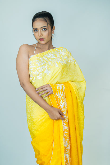 Hand-Embroidered Parsi Gara Saree in Pure Silk Crepe Jacquard