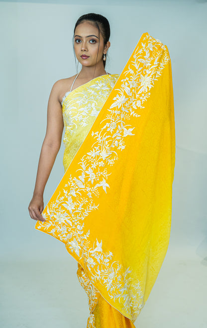 Hand-Embroidered Parsi Gara Saree in Pure Silk Crepe Jacquard