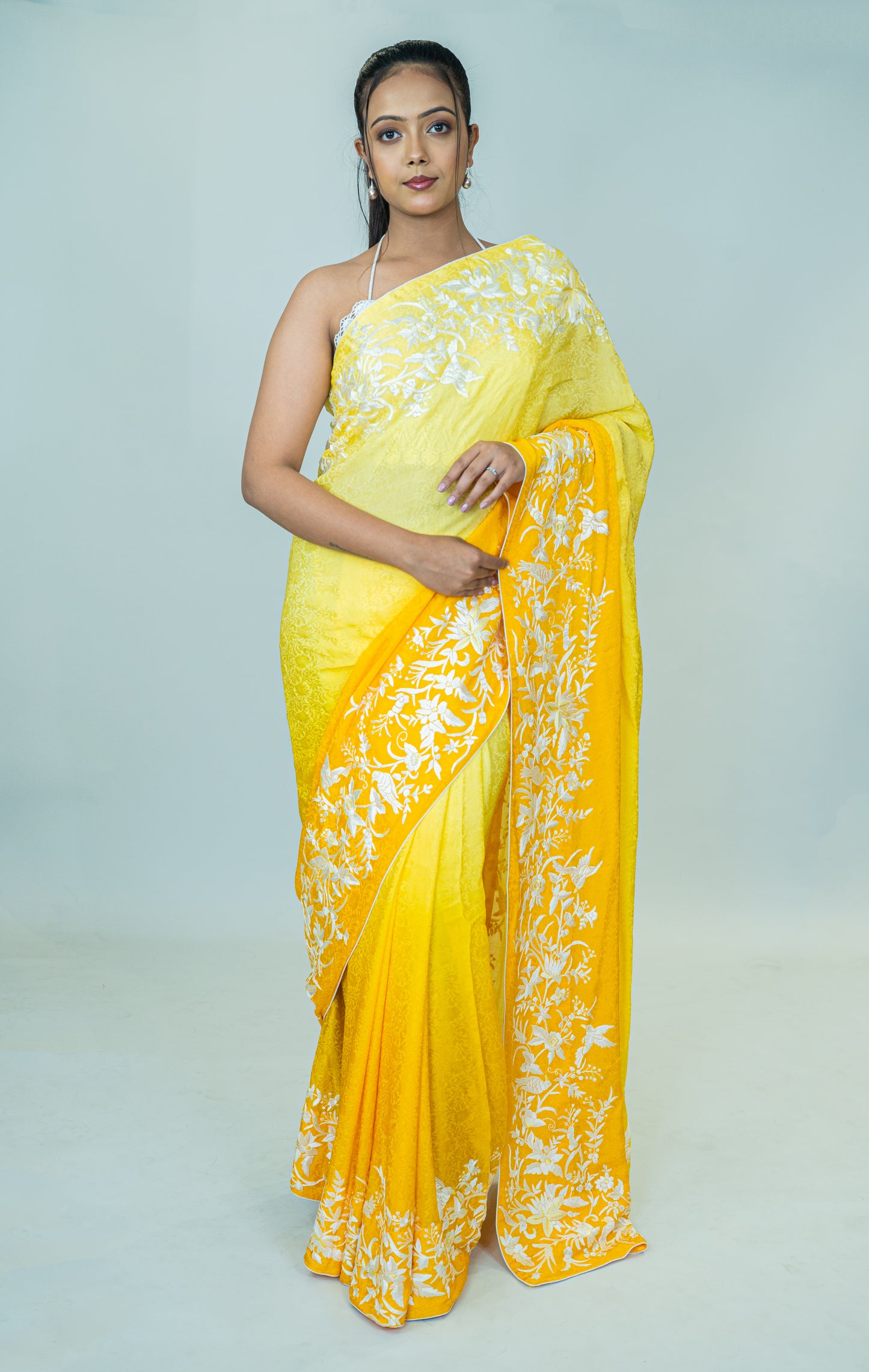 Hand-Embroidered Parsi Gara Saree in Pure Silk Crepe Jacquard