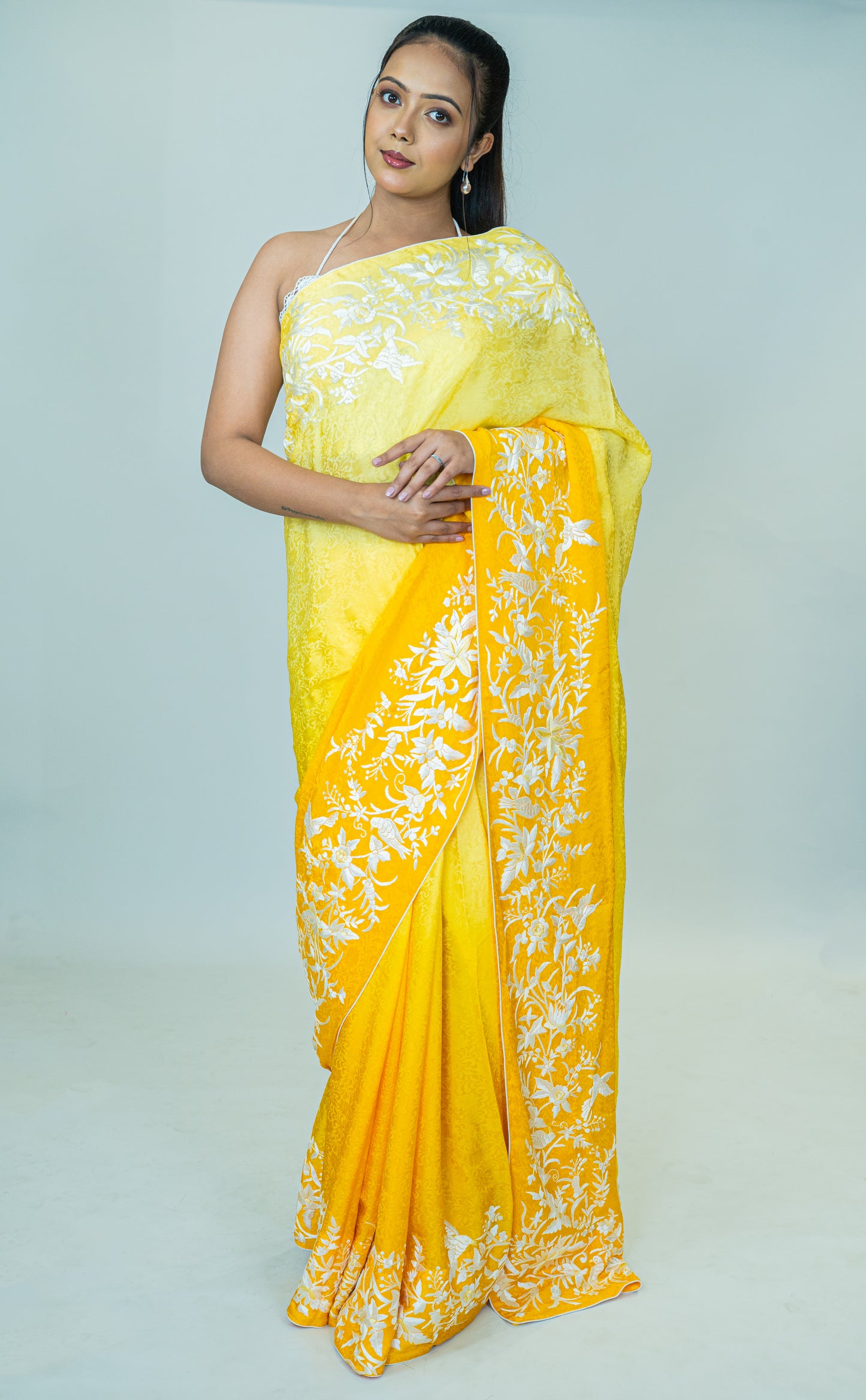 Hand-Embroidered Parsi Gara Saree in Pure Silk Crepe Jacquard