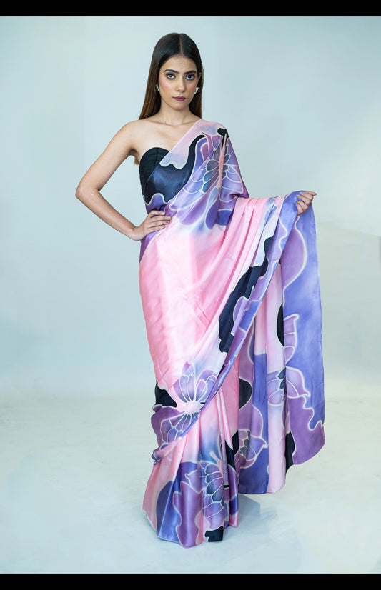 Hand-Painted Pure Silk Satin Saree with French Silk Dyes