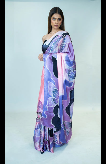 Hand-Painted Pure Silk Satin Saree with French Silk Dyes