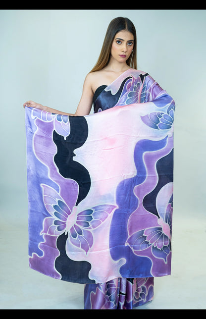 Hand-Painted Pure Silk Satin Saree with French Silk Dyes