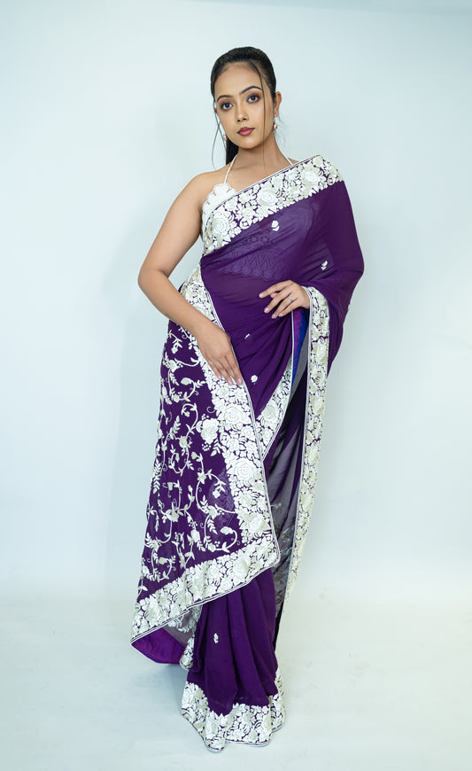 Hand Embroidered Parsi Gara Pure Silk Georgette Saree