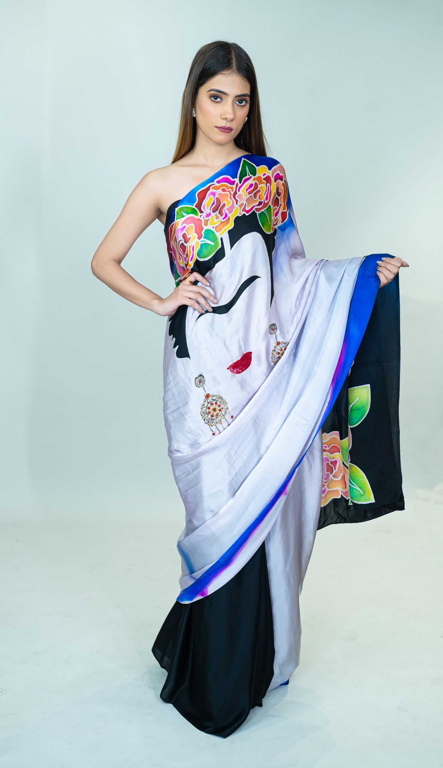 Hand-Painted and Hand-Embroidered Pure Silk Satin Saree