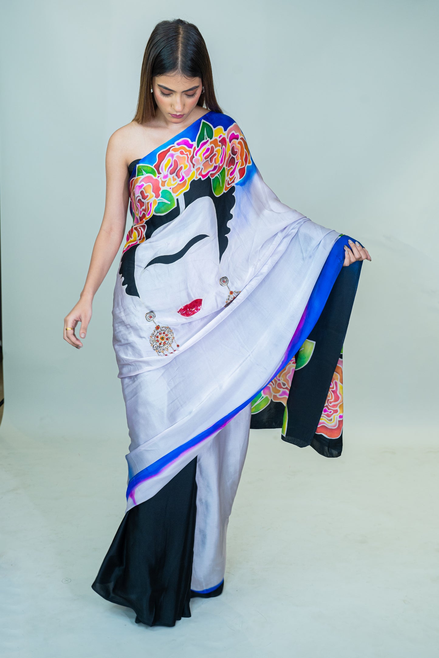 Hand-Painted and Hand-Embroidered Pure Silk Satin Saree