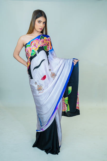 Hand-Painted and Hand-Embroidered Pure Silk Satin Saree