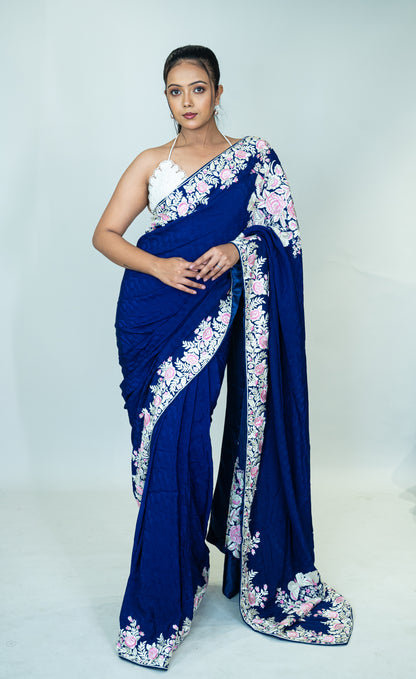 Hand Embroidered Parsi Gara Saree in Pure Silk Crepe Jacquard