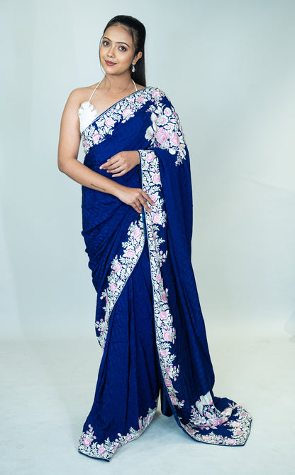 Hand Embroidered Parsi Gara Saree in Pure Silk Crepe Jacquard