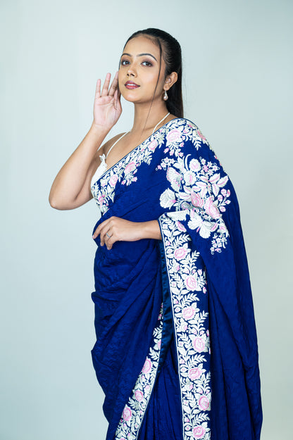 Hand Embroidered Parsi Gara Saree in Pure Silk Crepe Jacquard