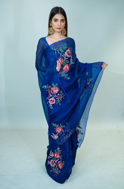 Hand Embroidered Pure Silk Organza Saree in Royal Blue